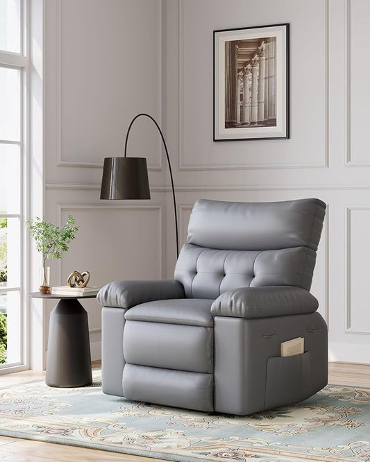 Garvee Manual Recliner PU Leather Living Room Chair Adjustable Reclining Chair Oversized Home Theater with Massage &amp Heat - Gray