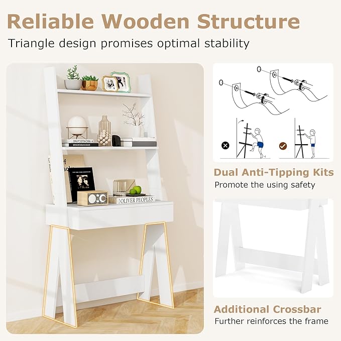 Giantex 3 Tier Ladder Desk with Drawer 33’’ Width Ladder Shelf with Anti-Tipping Device Freestanding Bookshelf Leaning Computer Desk with Shelves for Small Space (White)