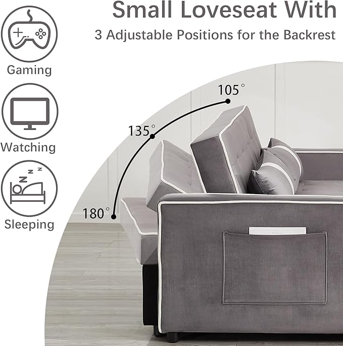 Convertible Velvet Sofa Bed with Pull-Out Bed &amp Side Storage Pockets Modern Sleeper Sofa for Living Room Apartment Small Spaces and Bedroom (Grey-1)