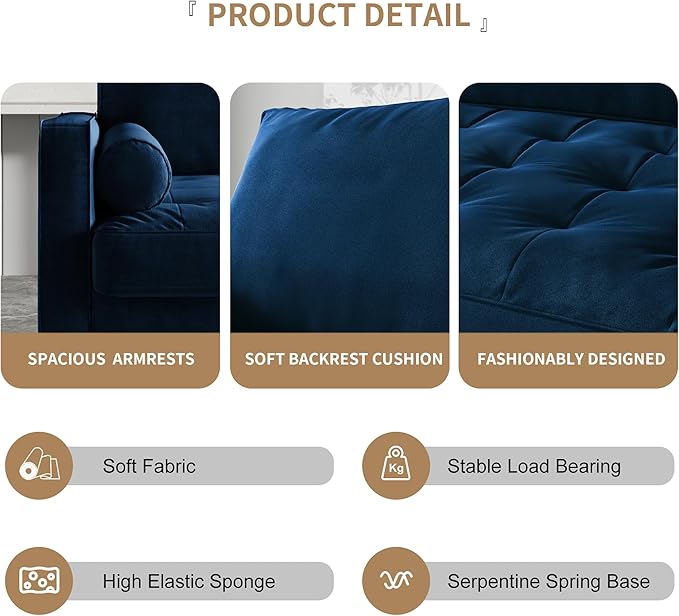 Modern Sofa58 Inch Velvet Couch for Living RoomSpring CushionsEasy Assembly Modern Couches with Throw Pillow for Small Spaces (Space Blue)
