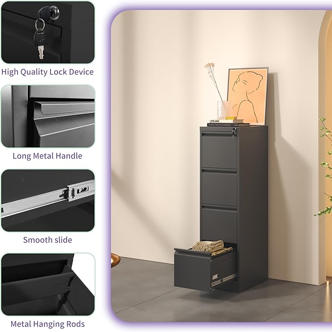 4 Drawer Small Metal Vertical File Cabinet with LockUnder Desk Storage OrganizerFiling Cabinets for HomeOffice Locking Drawers for A4 Legal/Letter SizeBlack