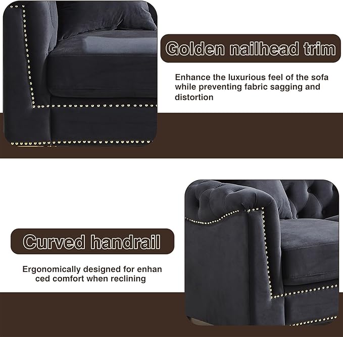 84 inch Chesterfield 3 Seater Sofa Oversized Mid Century Modern Sofa Couch with Gold Rivet Decoration Cloud Comfy Velvet Upholstered Button-Tufted Couch for Living Room Office Black