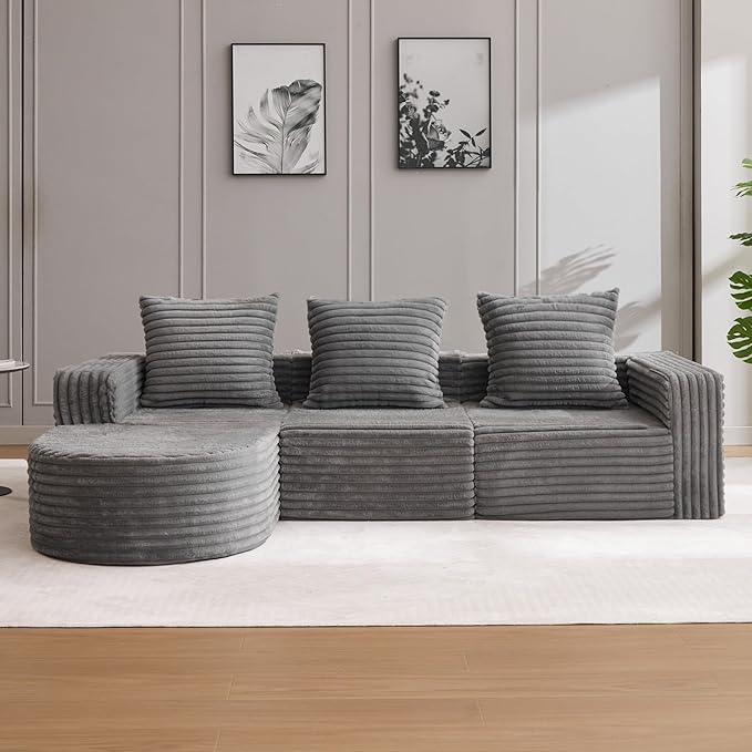 Boneless Cloud Couch Modular Sectional Sofa L-Shape with Chaise 102 Soft Faux Fur Deep Seat &amp 3 Pillows &amp 2 Side Pockets for Living Room Bedroom (Gray Left Chaise)