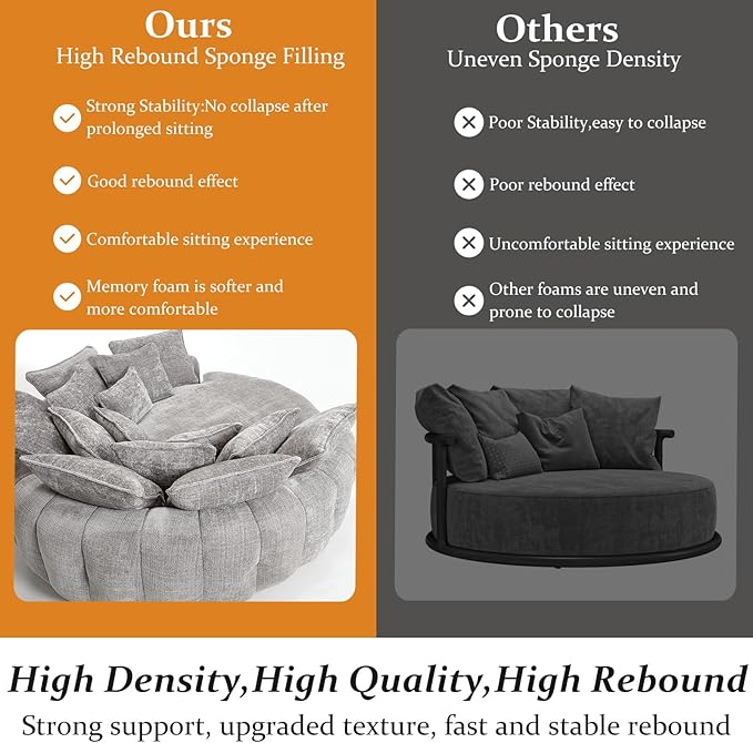 Oversized Sleeper Sofa Bed 81'' Round Chaise Lounge Chair Indoor Modern Chenille Boneless Couch Loveseat Plush Couch Cloud Couches Comfy Bean Bag Chair for Living Room Apartment (Light Grey)