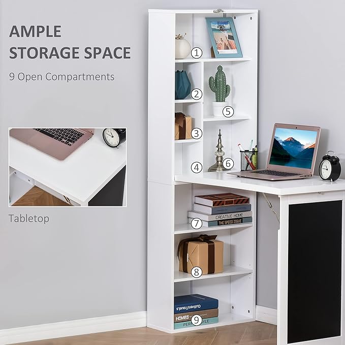 Folding Wall Mounted Desk with Storage Expandable Hidden Computer Desk Foldable Space-Saving Pull Out Murphy Table Writing Table with Blackboard for Home Office Bedroom Small Spaces (White.)