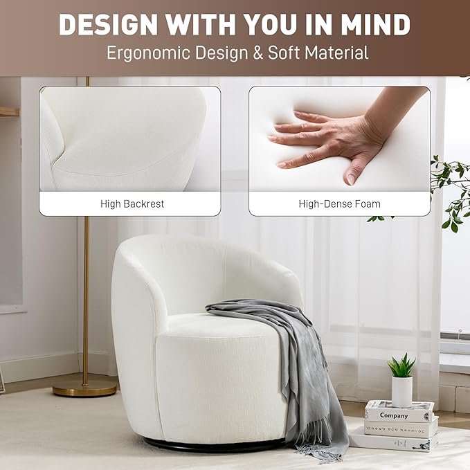 Swivel Barrel Chair Modern Comfy Boucle Swivel Accent Chair Comfy Chenille Round Armchair Small Upholstered Reading Lounge Chair for Living Room Bedroom Office Club Ivory Chenille