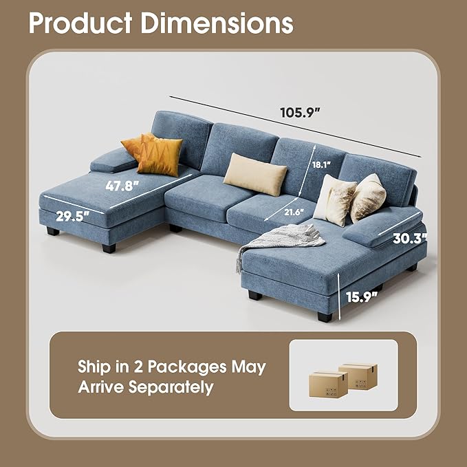 Furmax Sectional Couches for Living Room U-Shaped Sofa Couch with Linen Fabric 4 Seat Sofa Set with Double Chaise for Apartment (Fabric Light Blue)