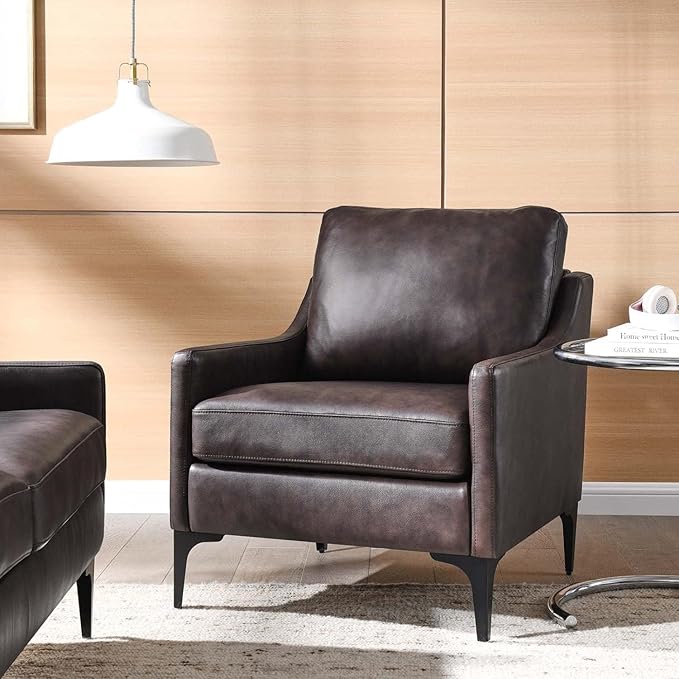 Pemberly Row Modern Leather and Metal Armchair 33.5 in H x 28 in W x 32 in D Brown Finish Upholstered Accent Chair with Spring Coil Support Mid-Century Style for Living Room or Home Office Use
