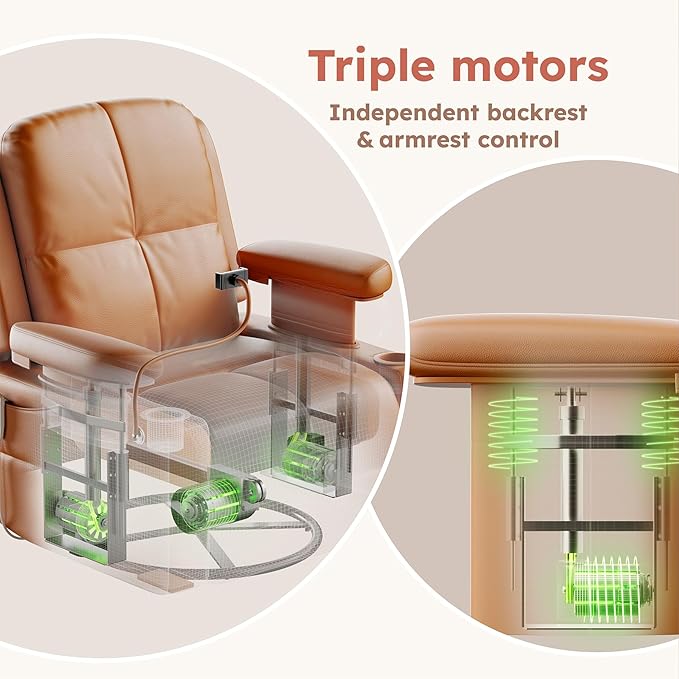 Triple Motor Power Swivel Rocker Recliner Chair with Adjustable Armrests for Adults FSC Certified Faux Leather Rocking Chair for Living Room Brown