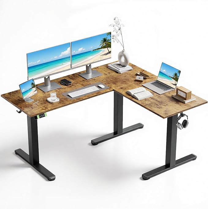 Seang 59 inch L Shaped Standing Desk Height Adjustable Corner Workstation Height Adjustment Sit Stand Up Computer Desk with Dual Motors Ideal for Home Office &amp Gaming Rustic Brown