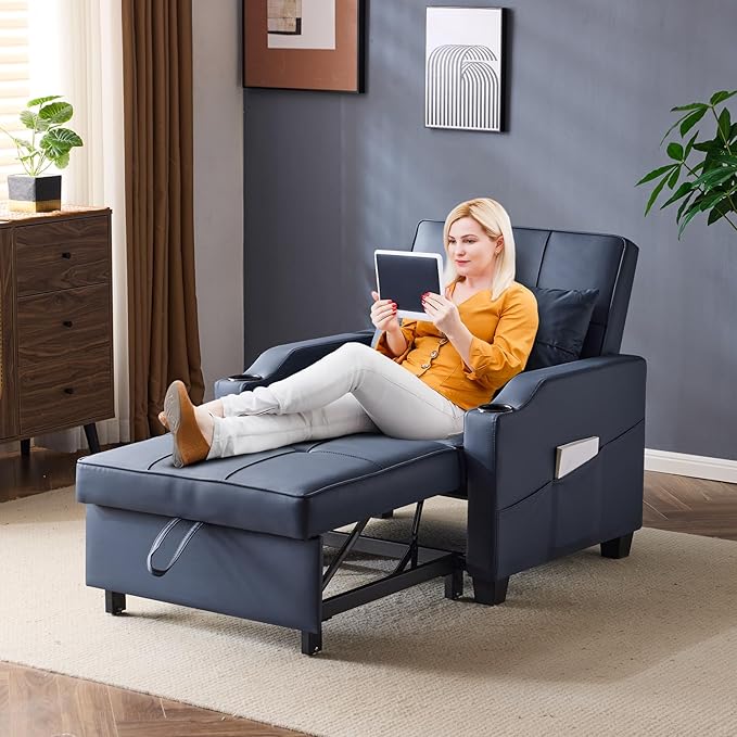 VINGLI Blue Sleeper Chair Bed 3-in-1 Convertible Futon Sofa Bed Pull Out Couch Bed Adjustable Recliner Chair with USB Ports Cup Holders Side Pockets for Living Room Bedroom Small Spaces