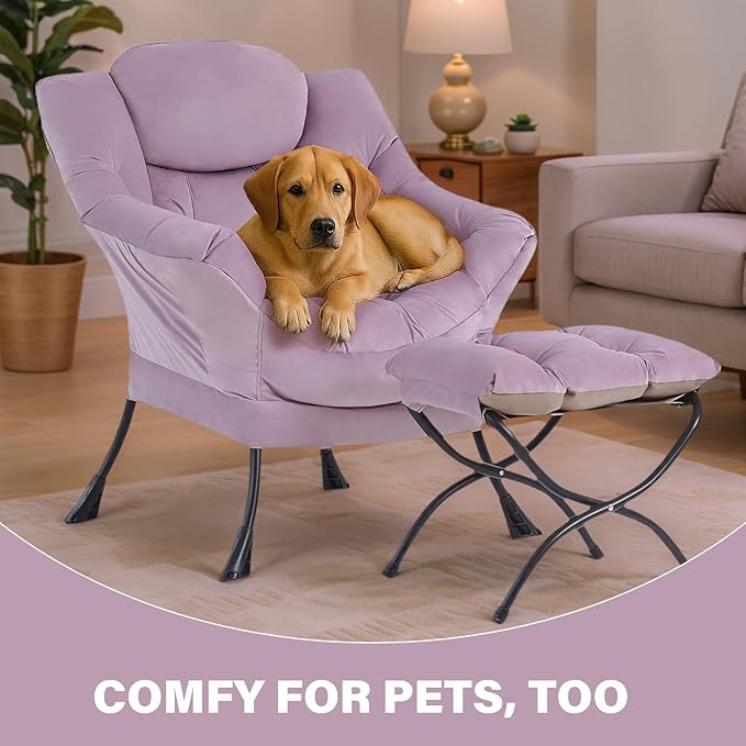 Tiita Lazy Chair with Ottoman Purple Modern Large Accent Armchair Comfy Leisure Sofa Reading Chair with Footrest for Bedroom Living Room Dorm Rooms Garden Velvet Light Purple