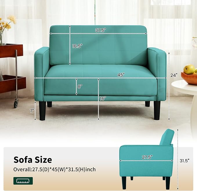 45 Green Comfy Sofa for Small Spaces Small Sofa with Removable Washable Cover High Density Foam Cushions Solid Wood Frame Ideal for Apartments Easy to Assemble Couch