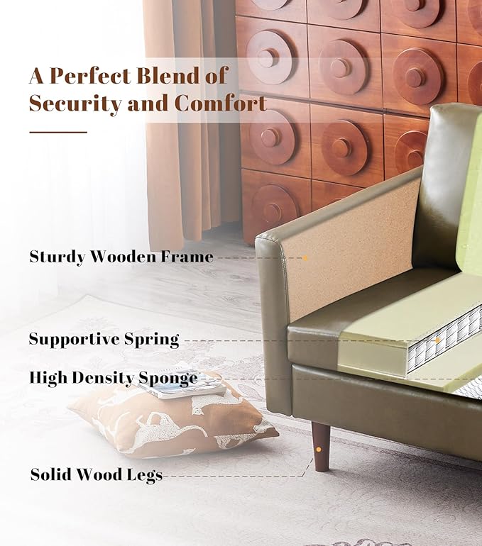 Kingfun Mid-Century Accent Chairs PU Leather Modern Upholstered Living Room Chair Cozy Armchair with Rolled Arms and Deep Seats Olive Green