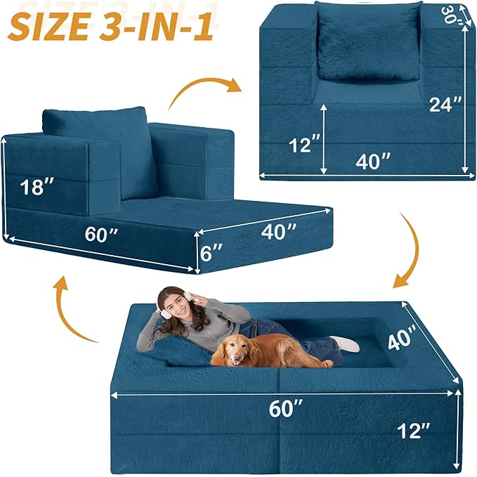 Futon Sofa Bed with Pillow 3-in-1 Sleeper Sofa Bed with Removable Cover Convertible Floor Sofa Bed No Assembly Boneless Couch for Living Room Bedroom