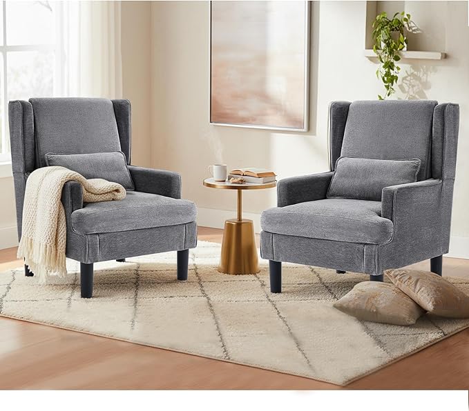 Accent Chairs Set of 2 for Living Room Chairs Modern Accent Chair Oversized Reading Chair for Living Room Sofa Chair with High Back and Wood Legs Upholstered Armchair Comfy Chair for Bedroom (Grey)