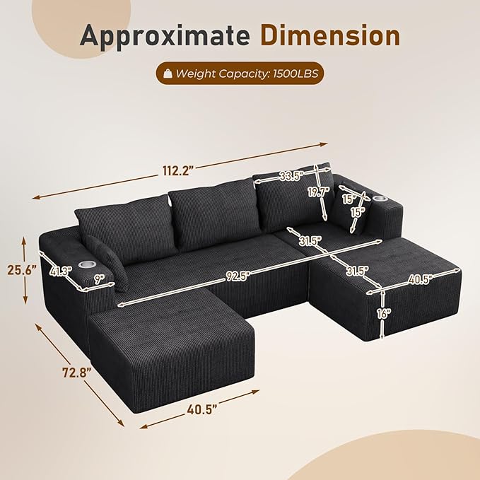 Furnimart 112 Oversized 3 Seater Sleeper Couch Sectional Sofa Bed Boneless Cloud Couches for Living Room Modern Deep Seat Modular Sofa No Assembly Corduroy Black