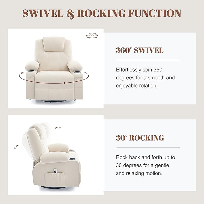 Oversized Swivel Rocker Recliner Chair with Heat and Massage 360 Degree Swivel Rocking Single Sofa with USB Port and Cup Holders Big Recliner Chair for Living Room (Fabric Light Beige)