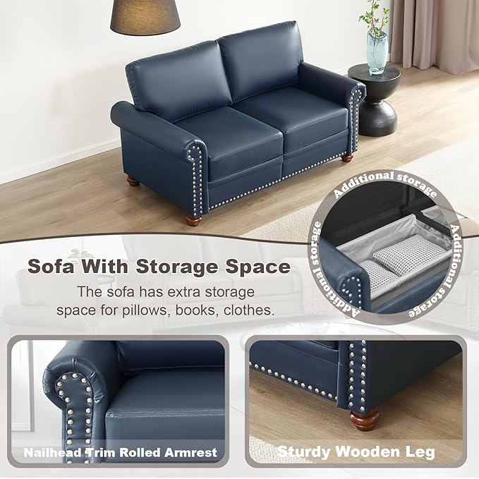 Faux Leather Sofa82 W Mid Century Modern Couch with Storage PlaceOversized 3 Seater Sofa with Nailhead Trim&ampRolled ArmrestsDeep Seat Comfy Couch for Living RoomBedroomApartmentOffice(Navy)
