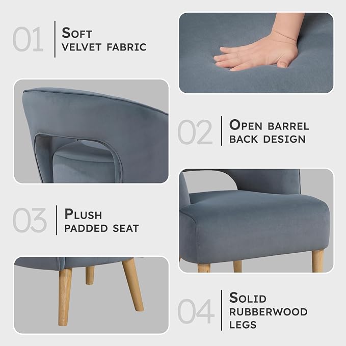 Lexicon Accent Arm Chair Modern Comfy Velvet Accent Chair Open Back with Solid Wood Legs for Living Room/Bedroom/Office/Waiting Room Dark Gray