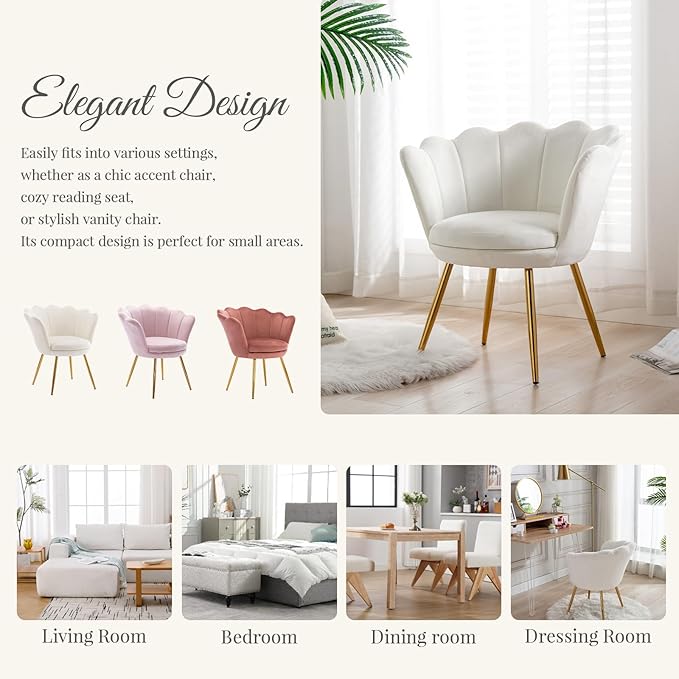chairus Cream White Makeup Vanity Chair with Back Small Modern Velvet Upholstered Accent Chair with Gold Metal Legs Cute Shell Shaped Vanity Stool Desk Chair for Living Room Bedroom Dressing Room