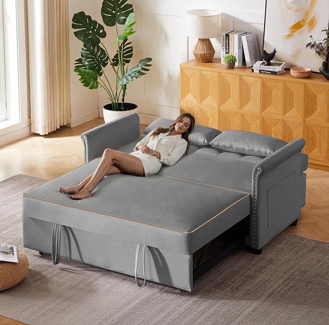 57-Inch Velvet Full Size Sleeper Sofa Couch with Pullout BedConvertible Pull Out with Golden Decorative Strip and Adjustable Backrest for Small SpacesApartment Guest Room RV (Grey)