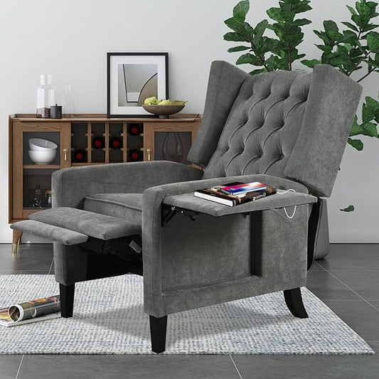 Manual Recliner Chair with Foldable Side Table USB Charger Wingback Tufted Wall Hugger Recliners for Small Spaces Living Room Bedroom Lazy Boy Style Recliner