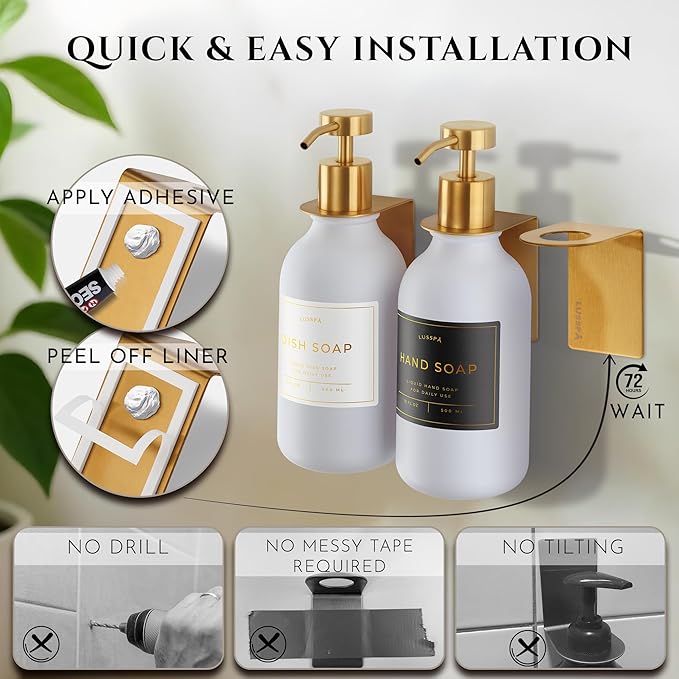 Shower Shampoo Dispenser Wall Mounted – 3 Refillable 16.9 oz White Bottles with Stainless Steel Pumps &amp No-Drill Adhesive Holders – Soap Dispenser Set for Bathroom (3 X White/Gold)