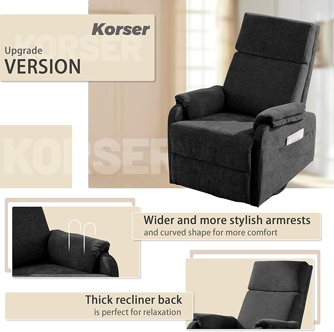 Swivel Rocking Recliner with Massage Small Glider Chair for Nursery Modern-Designed Armrests Chair for Adults Living Room Chenille Black