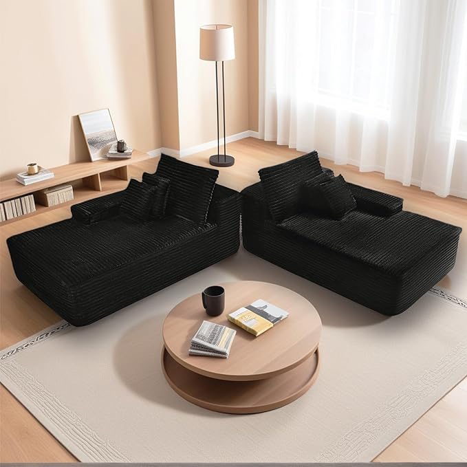 82 Oversized Sectional Couches for Living Room Black Corduroy Boneless Sofa Bed Double Comfy Chaise Lounge Chair Indoor Cloud Couch No Assembly(Black)