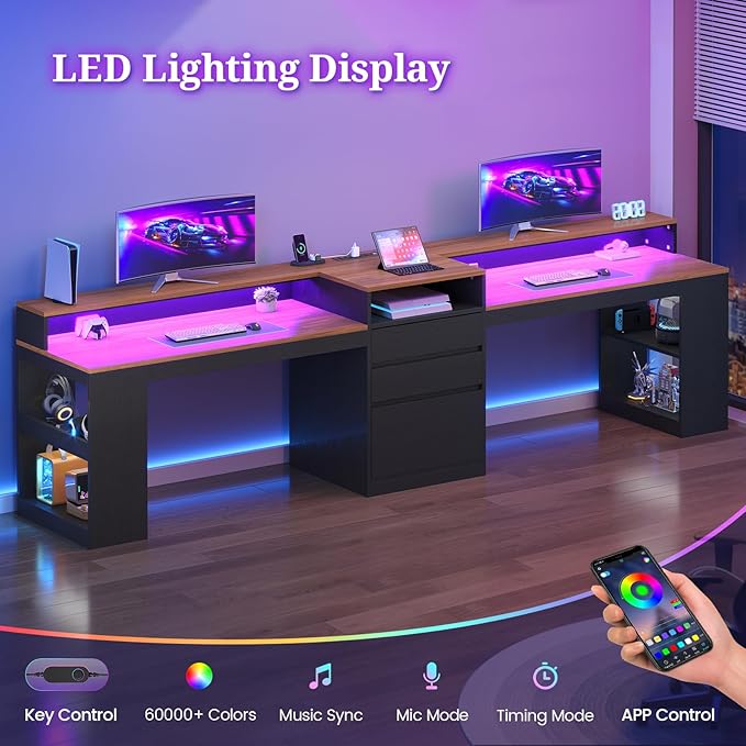 96.6 Long Computer Desk 2 Person Desk with LED Lights &amp Power Outlet Modern Two Person Gaming Desk with File Drawers Monitor Stand Printer Shelf ＆ Storage Double Table for Home Office Black