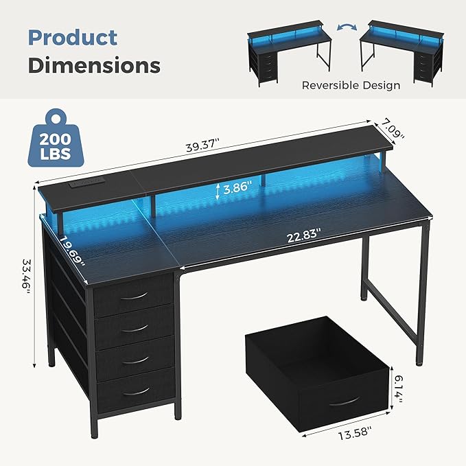 DUMOS Computer Desk with 4 Drawers4 Drawer Gaming Desk with with Power Outlets and LED LightsOffice Desk for Small Spaces with Monitor ShelfWriting Desk for Home Office BedroomStudy 39 Inch Black