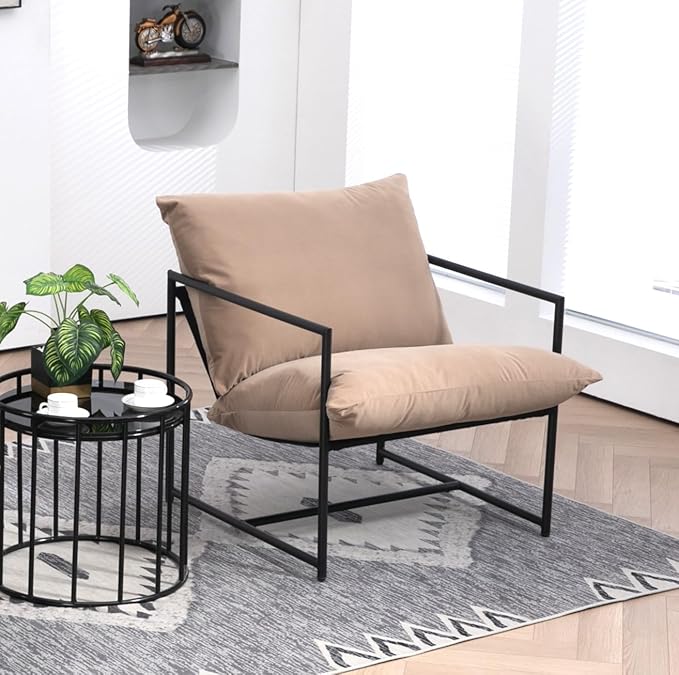 Serenity Accent Modern Velvet Arm Chair with Reclined Seat Sleek Design Durable Metal Frame Soft Upholstery and Plush Comfort for Stylish Living Room Camel