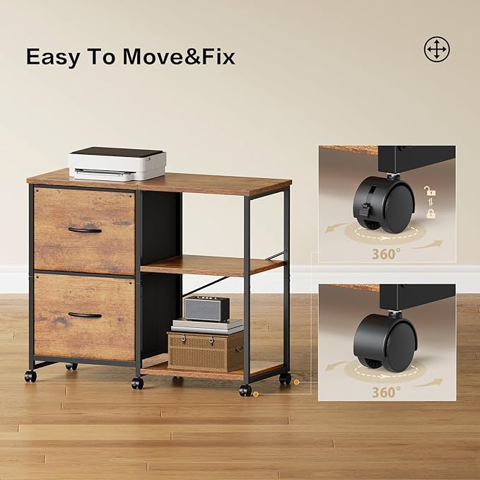 2-Drawer Fabric Lateral File Cabinet with Wheels Rolling Printer Stand with Open Storage Shelf for Home Office Rustic Brown
