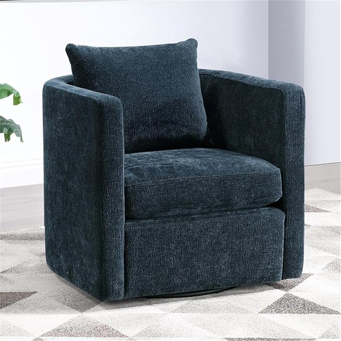 Pemberly Row Modern Navy Blue Fabric Swivel Barrel Accent Chair 32 in x 31.5 in x 31 in Upholstered Polyester Stain-Resistant Reversible Cushions Comfortable for Living Room or Study Use