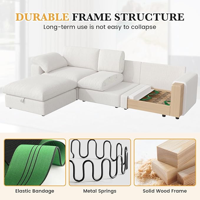 118 Oversized Modular Sectional Sofa L Shaped 3 Seaters with Storage Ottoman Cloud Couch Sofa Set Modern Convertible Chenille Deep Seat Sectional Couches for Living Room White 1 PCS