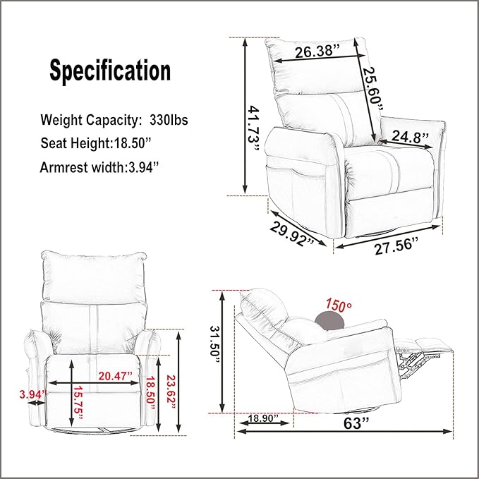 Electric Recliner Chairs for Adults Power Swivel Rocker Recliner Chairs &amp Nursery Glider Recliner with USB Pockets PU Leather Lazy Boy Recliner Chair &amp Small Recliners for Small Spaces (Bro
