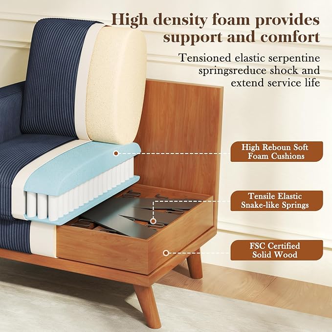38.5 Dark Blue Corduroy Accent Chair Comfy Deep Seat Armchair with Spring Cushion Modern Reading Sofa for Living Room Bedroom