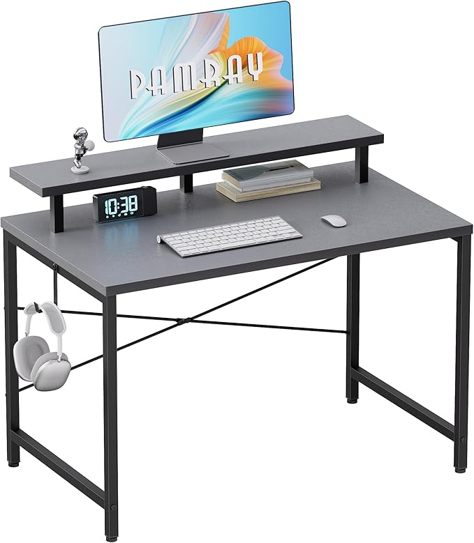 Pamray 32 Inch Small Computer Desk with Monitor Stand Simple Office Desk with Headphone Hook for Small Spaces Kids Study Writing Table for Bedroom Grey