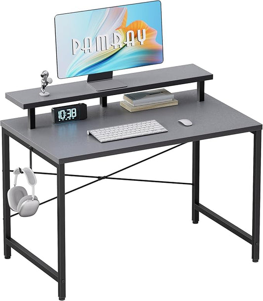 Pamray 32 Inch Small Computer Desk with Monitor Stand Simple Office Desk with Headphone Hook for Small Spaces Kids Study Writing Table for Bedroom Grey