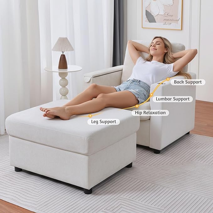 34.25 Accent Chairs with Storage Ottoman Set Upholstered Living Room Chairs for Reading Chair with Chaise Lounge Chairs Indoor Comfortable Armchair for Bedroom (Beige 34.25)
