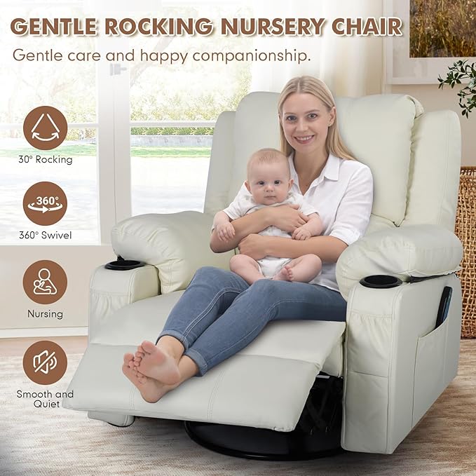 Rocking Recliner Chair with Heat and Massage Overstuffed PU Leather Recliners for Living Room Modern Single Rocking Chair for Adults Manual Swivel Rocker Recliner with Cup Holders Cream White