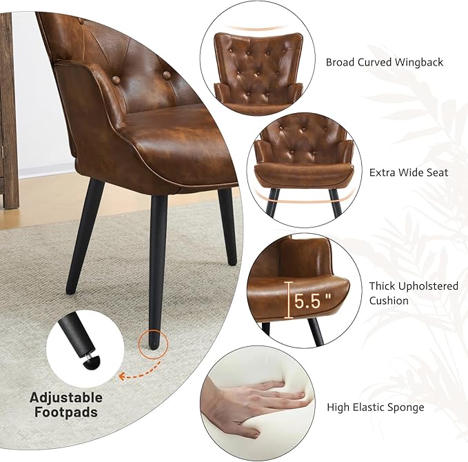 Furniliving PU Leather Accent Chair for Living Room Upholstered Reading Chair with High Backrest Tufted-Button Wingback Armchair for Bedroom Dressing Room Home Office Brown