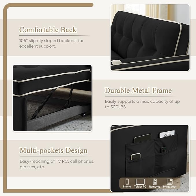 3 in 1 Sleeper Sofa Couch Bed Small Tufted Velvet Convertible Loveseat Futon Sofa w/Pullout Bed Adjustable Backrest Cylinder Pillows for Living Room Apartment Easy to Assemble Black 55.5