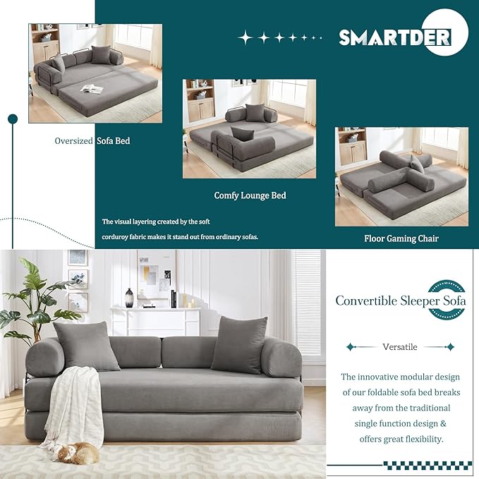 Convertible Folding Sofa Bed Modular Floor Sofa with Removable Backrest 3-Seater Fold Out Couch Bed with Pillows King Size Futon Lazy Couch Corduroy Sleeper for Living Room Dorm Grey