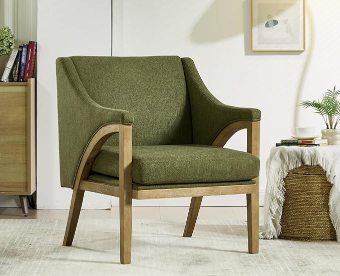 EALSON Modern Accent Chair Comfy Living Room Chair with Wooden Frame and Armrest Mid Century Upholstered Fabric Reading Lounge Armchair for Living Room/Bedroom/Reading/Balcony Chenille Green