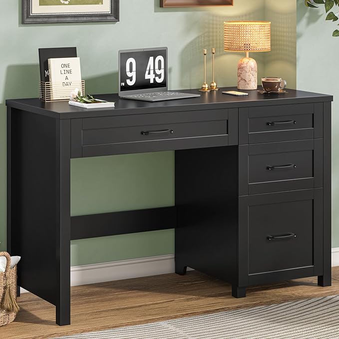 Vabches Farmhouse 47 Executive Desk with 4 Drawers Computer Desk with File Drawer Workstation for Home Office Study.（Pure Black）