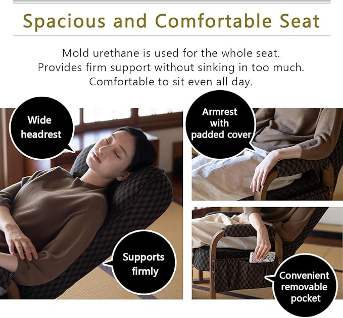 EMOOR Tatami Chair Japanese-Style Chair RYOKAN (Navy) Wooden Armrest &amp Sled Base Recliner Hight-Adjustable Upholstered Single Futon Sofa