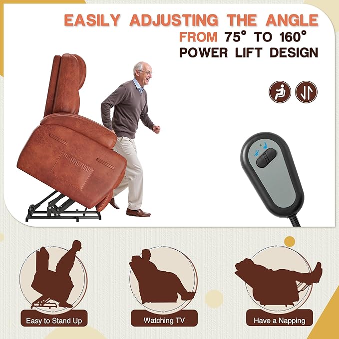 Furmax Electric Power Lift Recliner Chair with Massage for Elderly Corduroy Fabric Recliner Single Sofa with Cup Holders Side Pockets and Remote Control for Living Room Bedroom (Leathaire Brown)