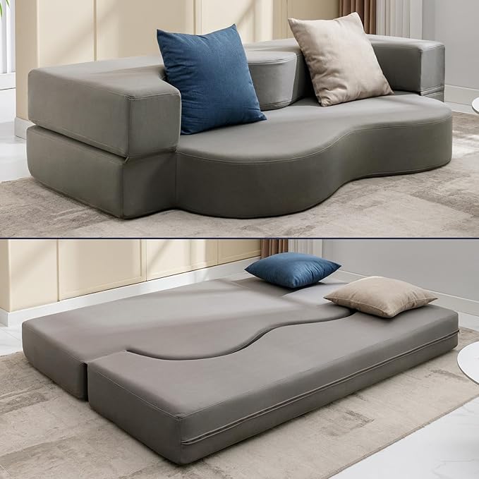 Mjkone 78 Width Queen Size Floor Sofa Bed Fold Out Couch with Memory Foam Matress Stylishly Upholstered Convertible Futon Sleeper Bed with Washable Cover for Living Room Guest Room Light Gray